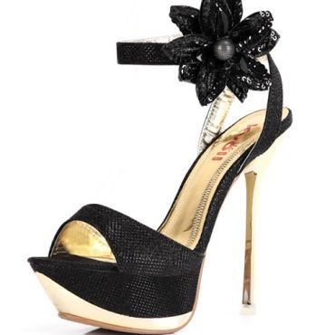 Moda Floral adornadas Stiletto Salto Alto Preto PU Ankle Str