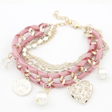 Corean Adorável Multilayer Pink Crystal E Pulseira Pérola Em