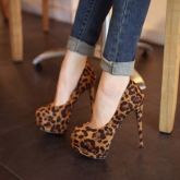 Moda Redonda Fechado Toe Stiletto Salto Alto Leopardo Suede