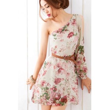 Moda de um ombro manga comprida Hetero Apricot Chiffon Mini
